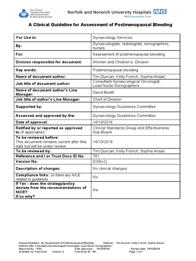 Postmenopausal Bleeding Assessment G39v2 PDF Gynaecologic Disorders