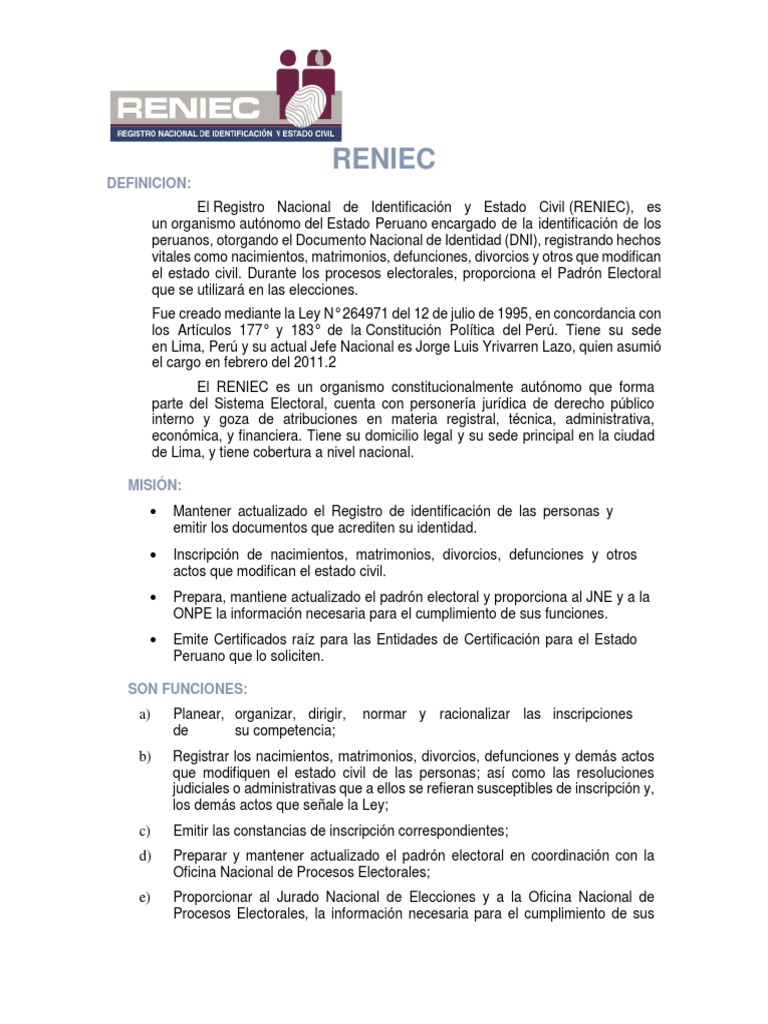 Funciones y Misión del RENIEC en Perú | PDF | Información del gobierno ...