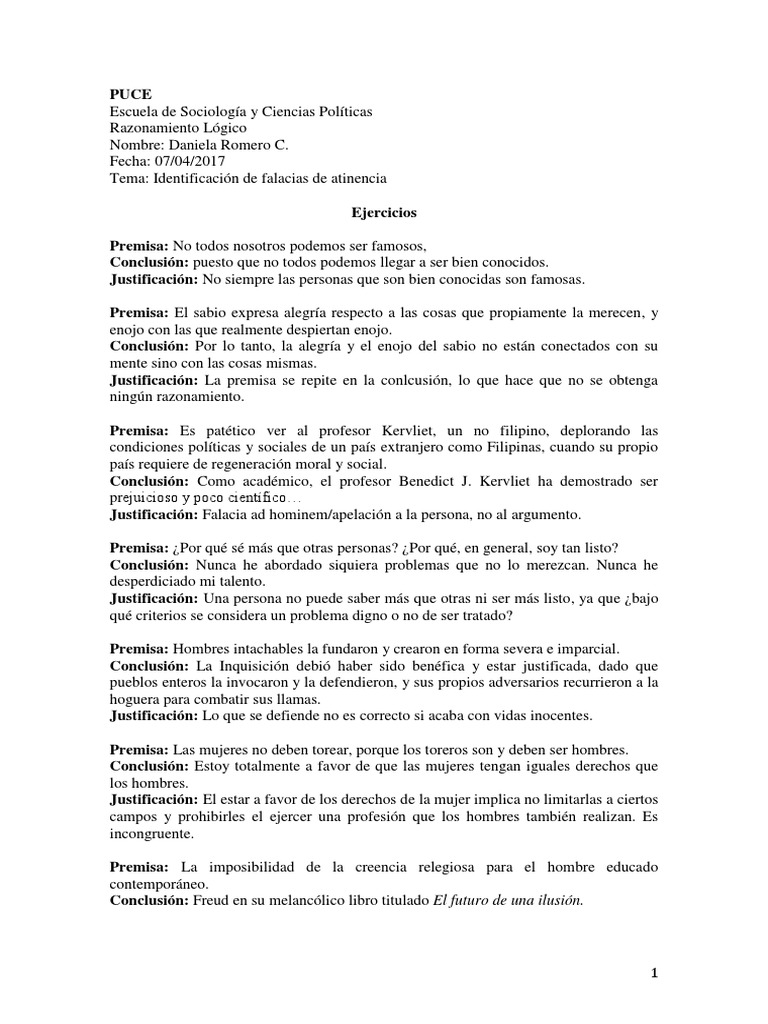 Ejercicios de Identificación de Falacias de Atinencia | PDF | Teoría de ...