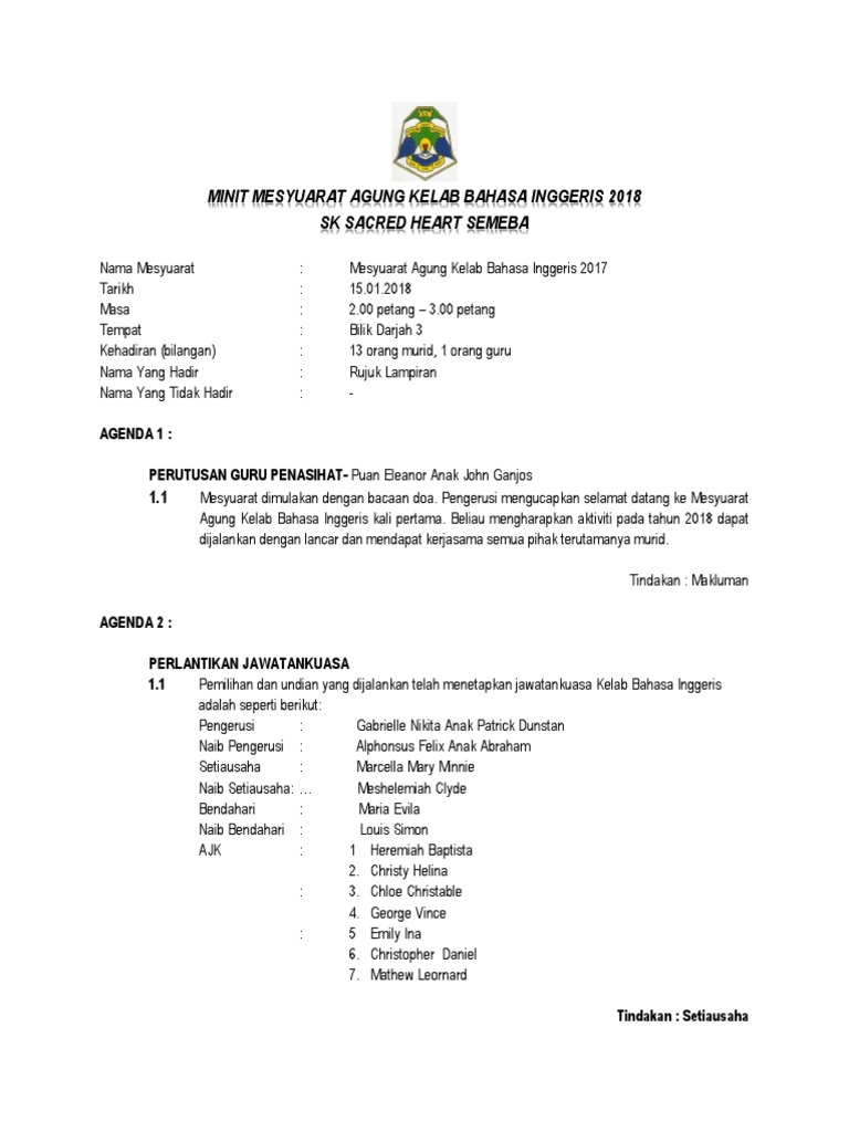 Contoh Minit Mesyuarat English Club 2018 Pdf
