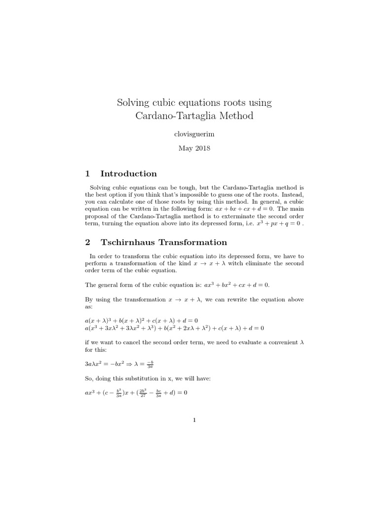 Solving Cubic Equations Roots Trough Cardano Tartaglia | PDF ...