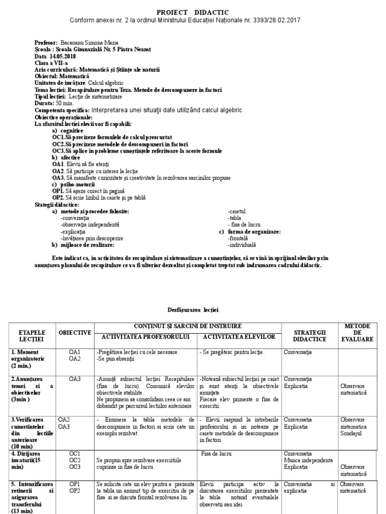 Proiect Didactic Cls 7 Formule De Calcul Prescurtat