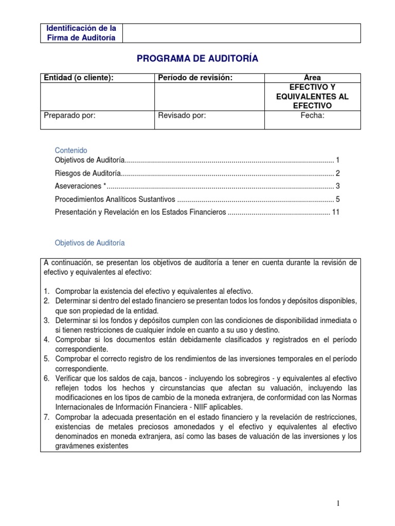 Programa de Auditoría para Efectivo y Equivalente Al Efectivo | PDF ...