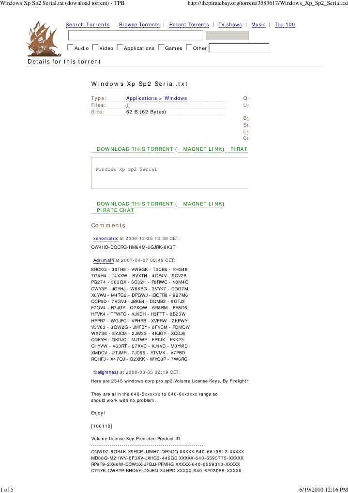Windows XP Sp2 Serial - TXT. | PDF | Computing | Microsoft Windows