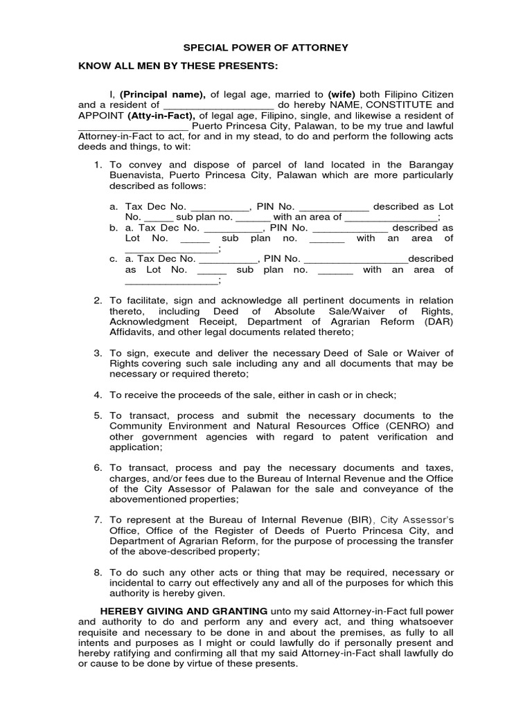 SPA Sample Only Power Of Attorney Deed