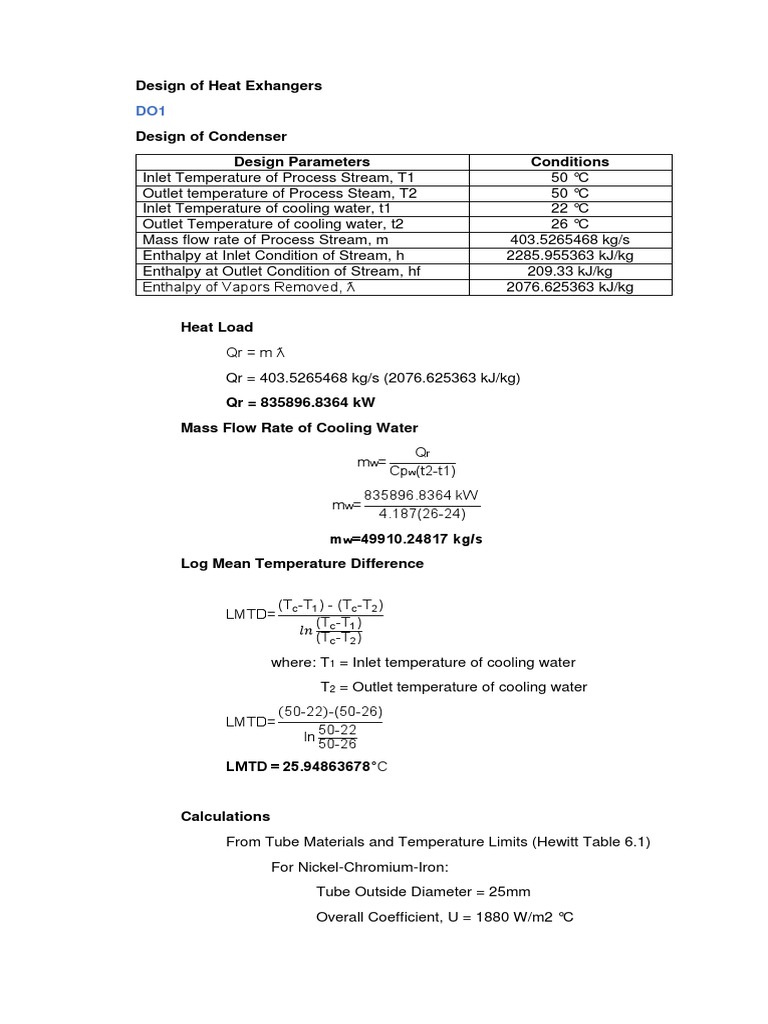 Condenser Calculations Heat Exchanger Enthalpy