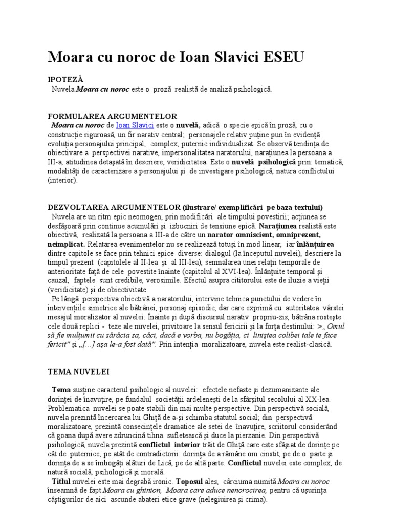 Moara Cu Noroc De Ioan Slavici Eseu