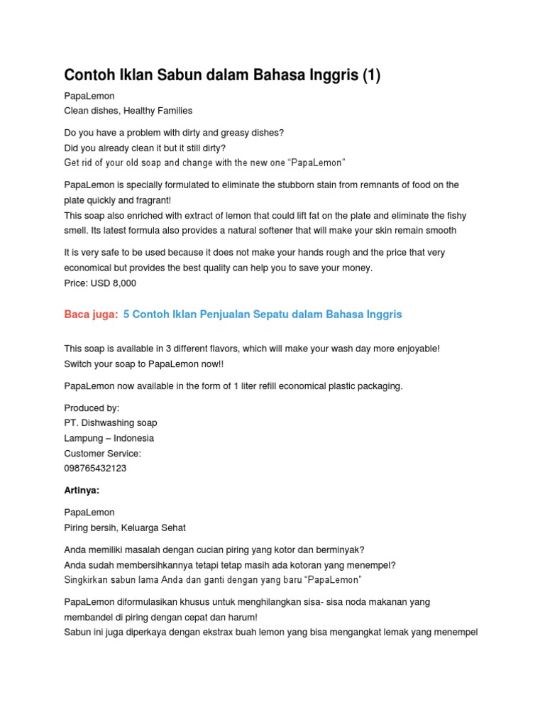 Contoh Iklan Sabun Dalam Bahasa Inggris Pdf