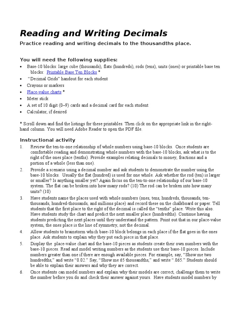 Reading and Writing Decimals Decimal Numbers