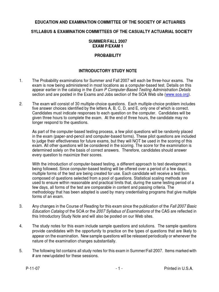 An Overview of the Summer/Fall 2007 Exam P on Probability Exam