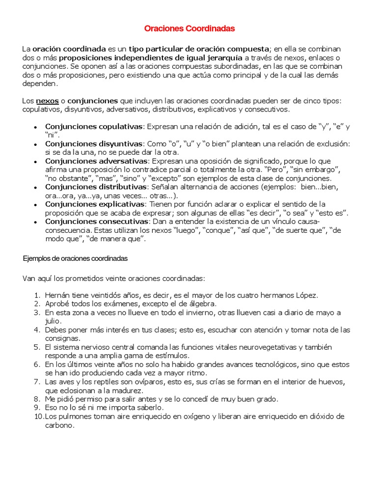 Tipos y Ejemplos de Oraciones Coordinadas | PDF | Oración (Lingüística ...