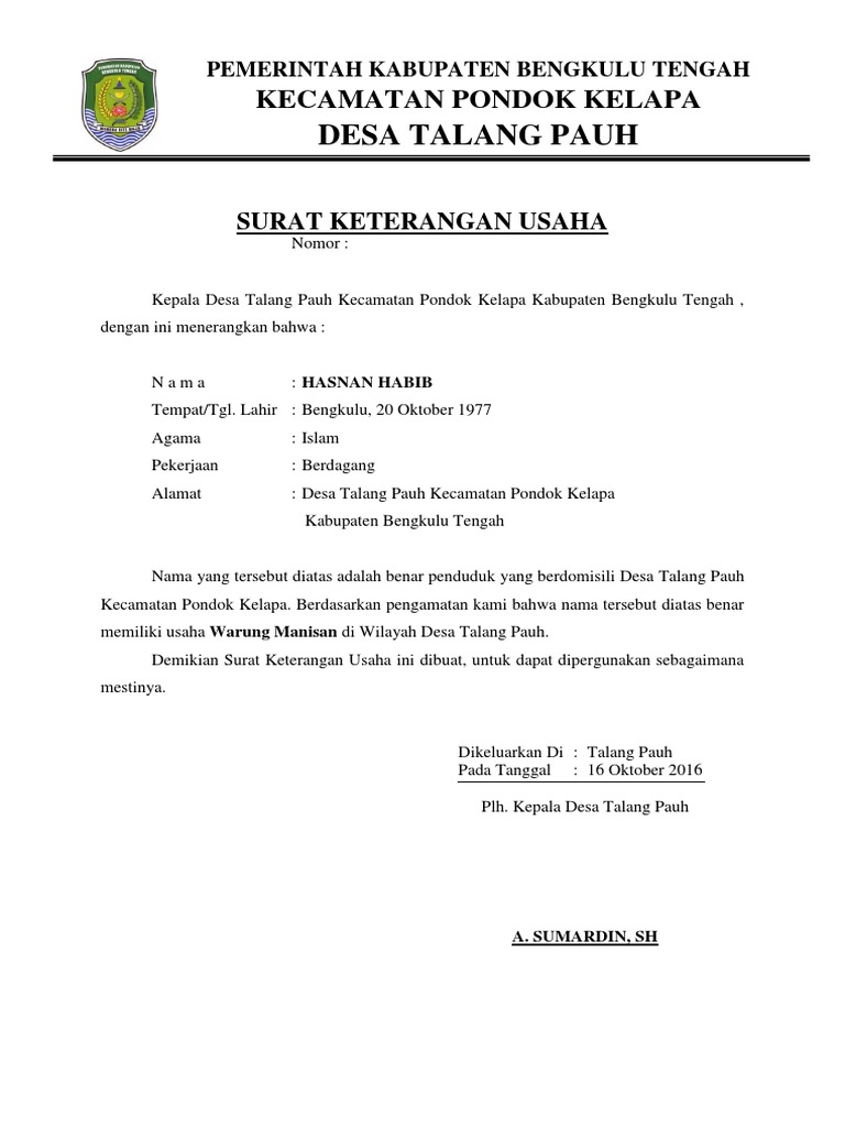 Contoh Surat Keterangan Usaha