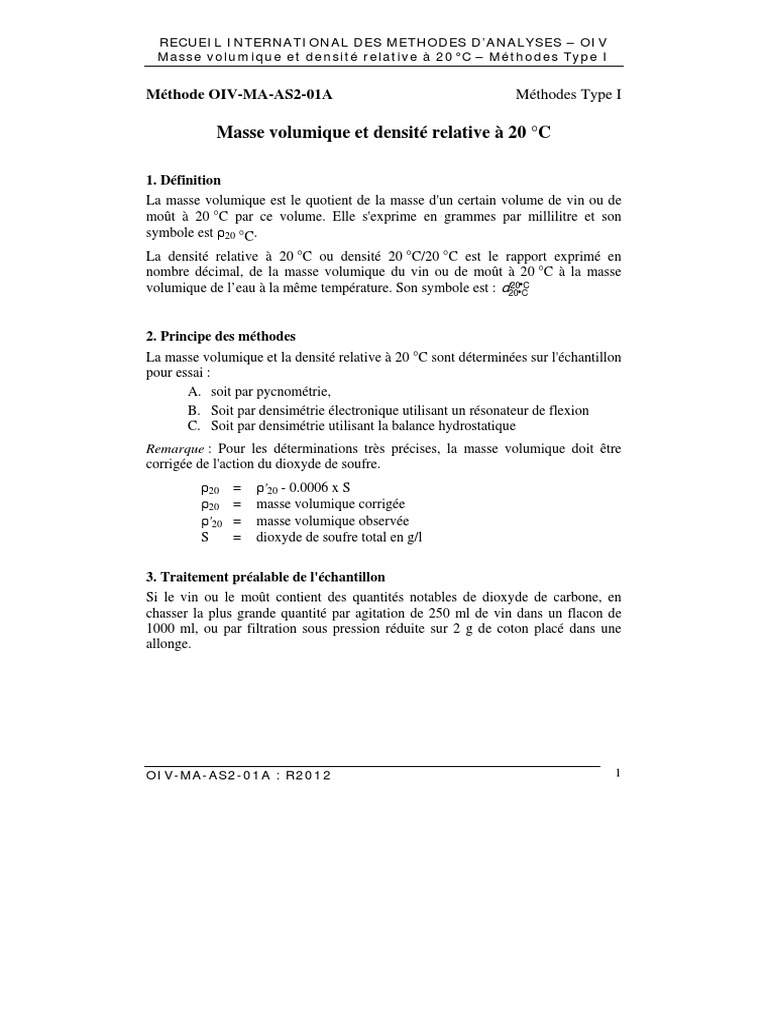Masse Volumique Et Densité Relative À 20 °C: Méthode OIV-MA-AS2-01A ...