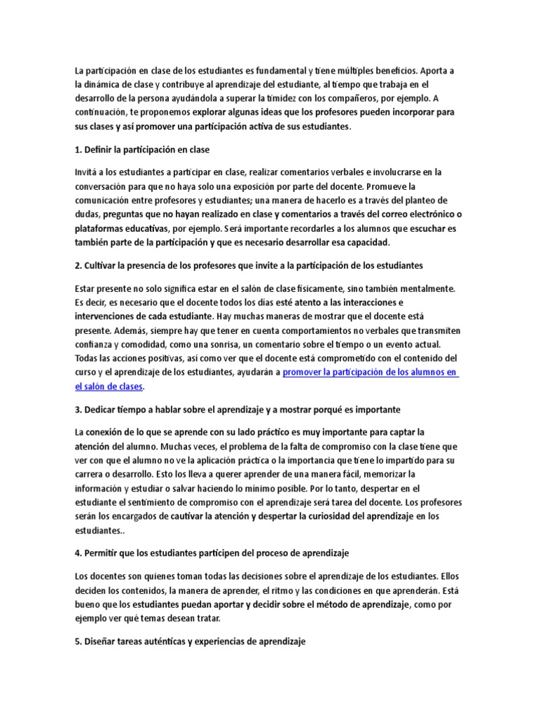 La Participación en Clase de Los Estudiantes Es Fundamental y Tiene ...
