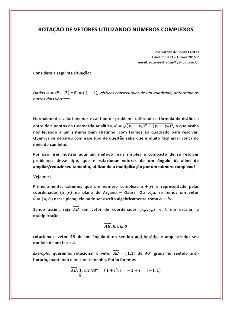 Rotacionar vetores utilizando números complexos | PDF | Número complexo ...