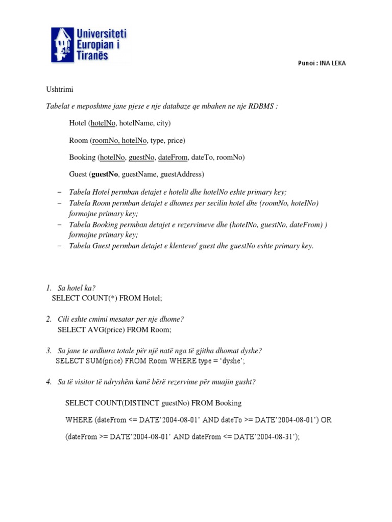 Hotel Database Structure and Queries | PDF