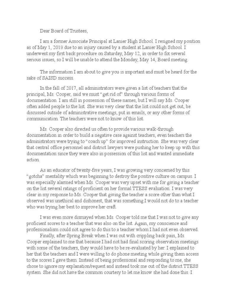 Letter To Board of Trustees PDF Teachers