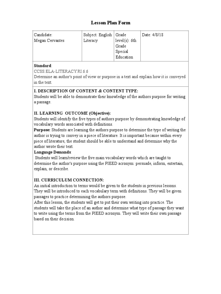 6th Grade Lesson Plan: Author's Purpose | PDF | Vocabulary | Teachers