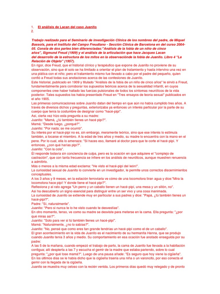 Análisis del Caso Juanito de Freud | PDF | Jacques Lacan | Sigmund Freud