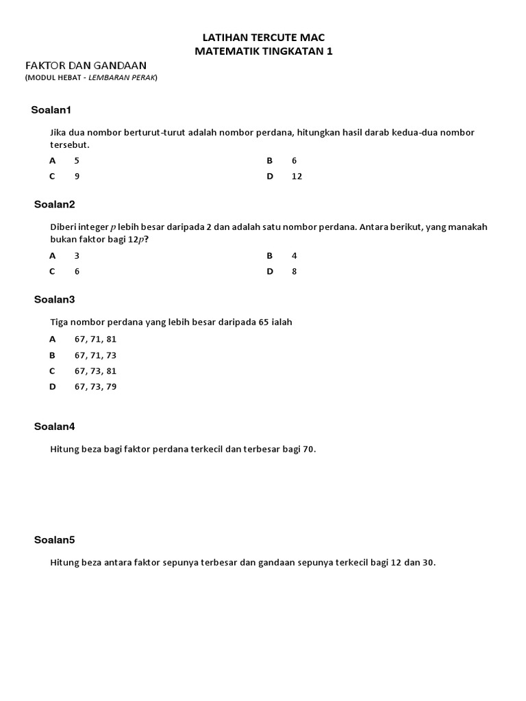 Latihan Matematik tingkatan 1 KSSm