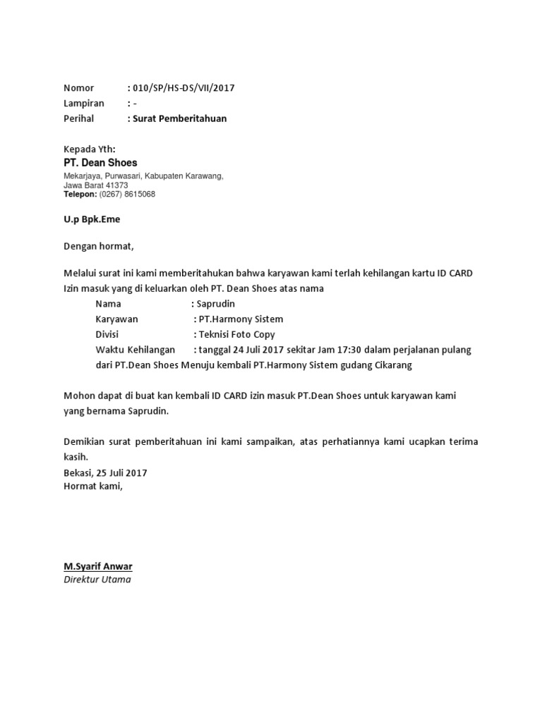 Contoh Surat Keterangan Kehilangan Id Card Berbagi Contoh Surat