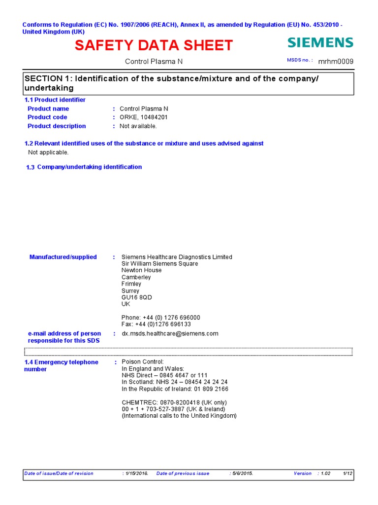 SDS - Control Plasma N | PDF | Toxicity | Safety
