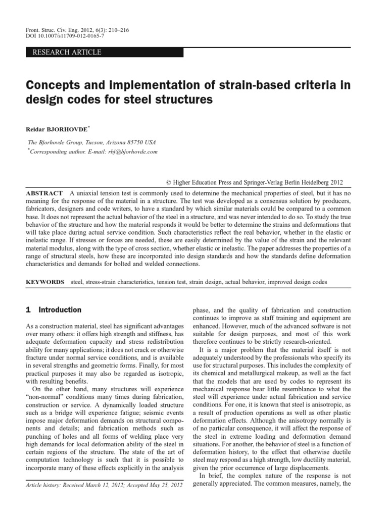 Strain-Based Criteria in Steel Structures - R Bjorhovde - 2012 | PDF ...