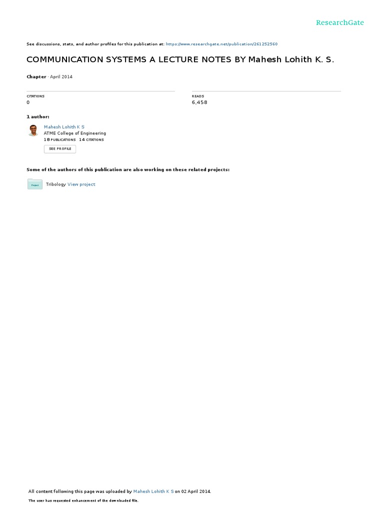Communication Systems A Lecture Notes by Mahesh Lohith K. S | PDF ...