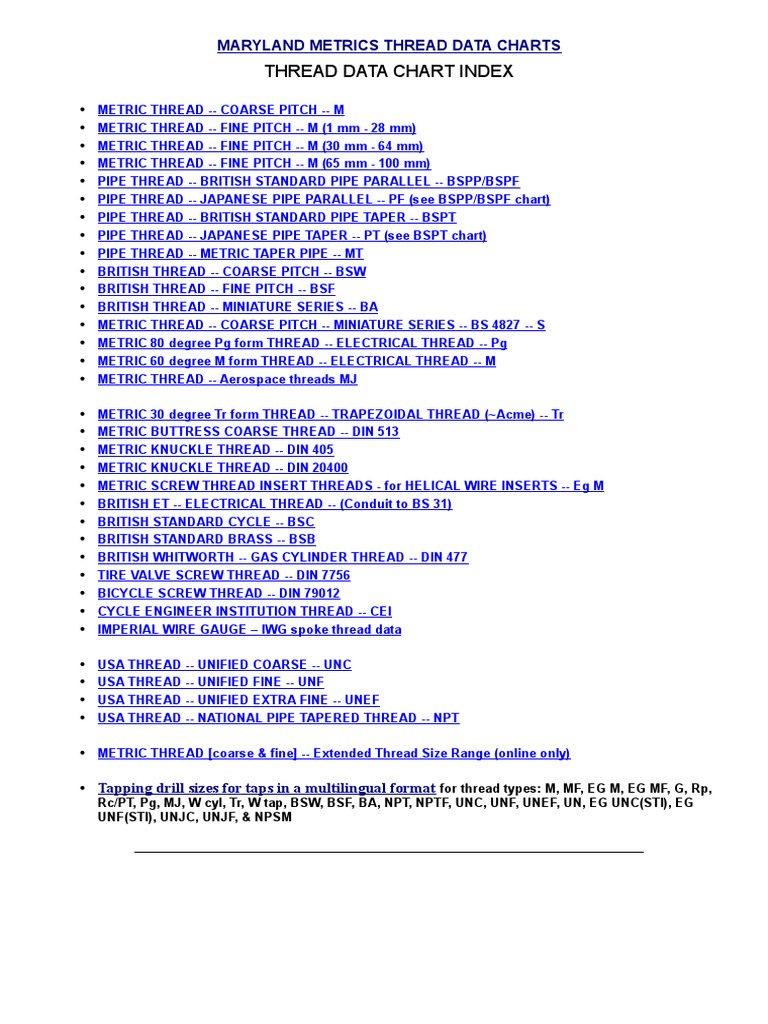 Master Threadchart PDF | PDF | Tools | Metalworking