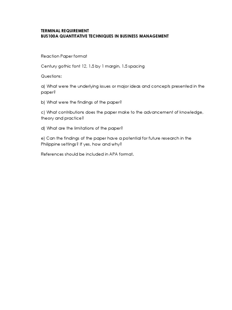 Terminal Requirement Bus100A Quantitative Techniques in Business ...