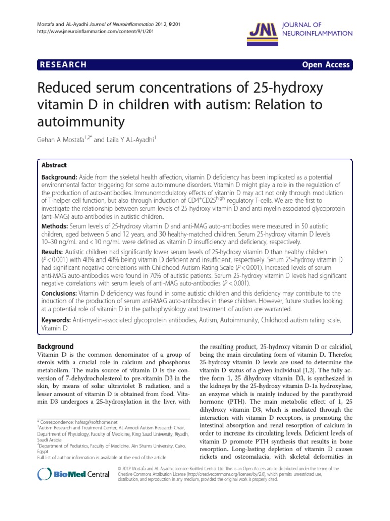 Reduced Serum Concentrations of 25Hydroxy Vitamin D in Children With Autism Relation To