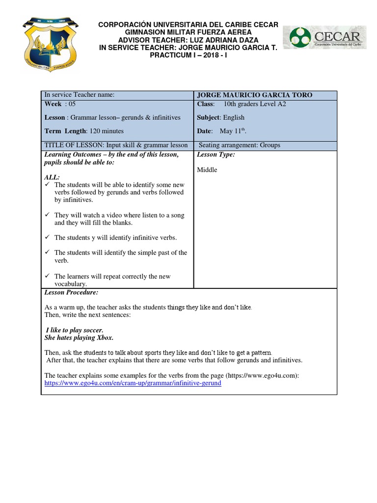 Gerunds and Infinitives Lesson Plan | PDF | Semiotics | Grammar