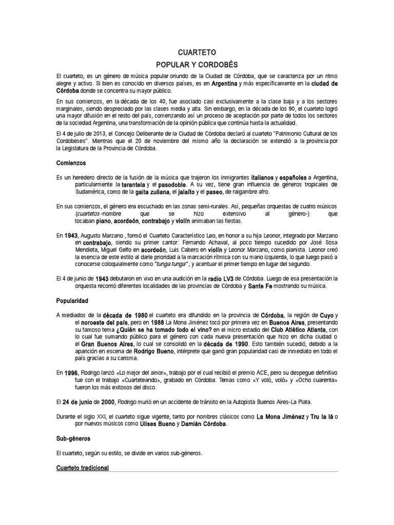 Historia y características del cuarteto | PDF | Las artes escénicas ...