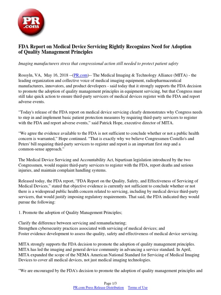 FDA Report On Medical Device Servicing Rightly Recognizes Need For