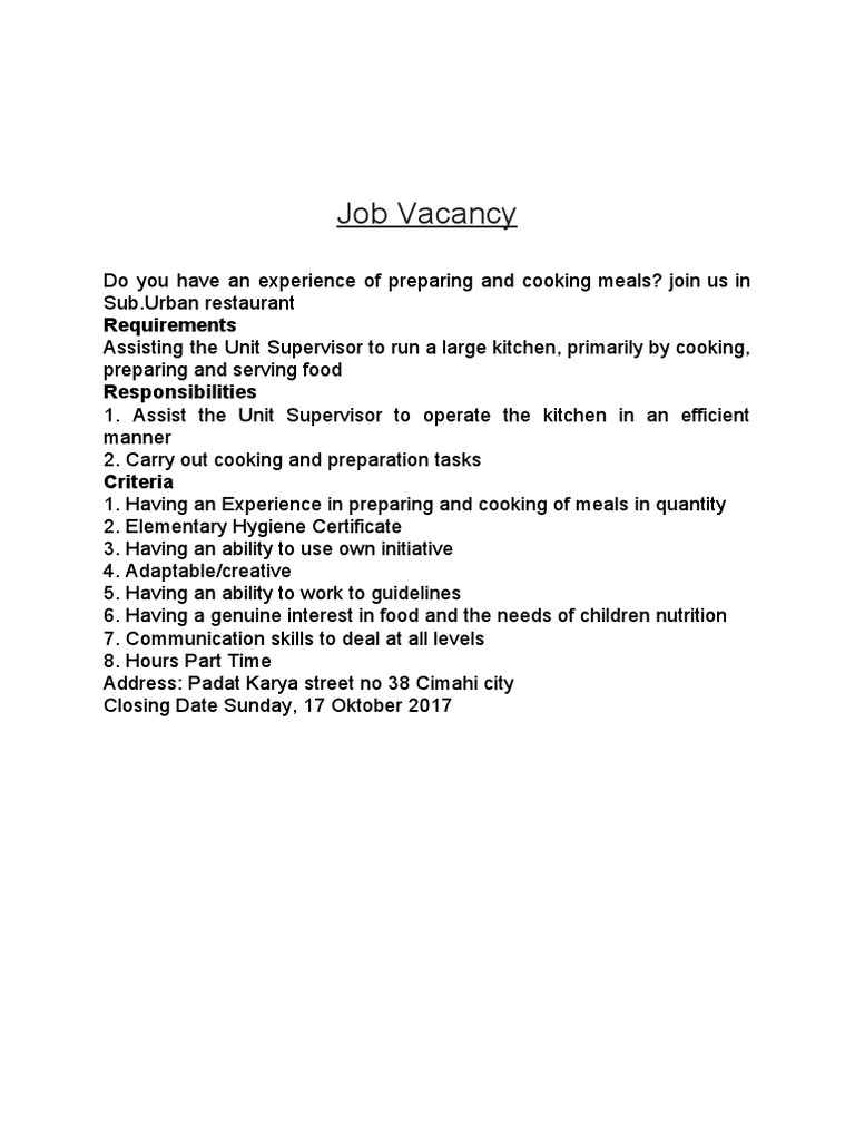 Part-Time Kitchen Assistant Job Opening | PDF | Cooking, Food & Wine ...