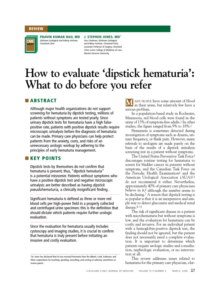 How To Evaluate Dipstick Hematuria CCJM 2008 PDF Urinary Tract
