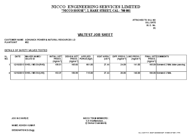 Nicco Engineering Services Limited: Valtest Job Sheet | PDF