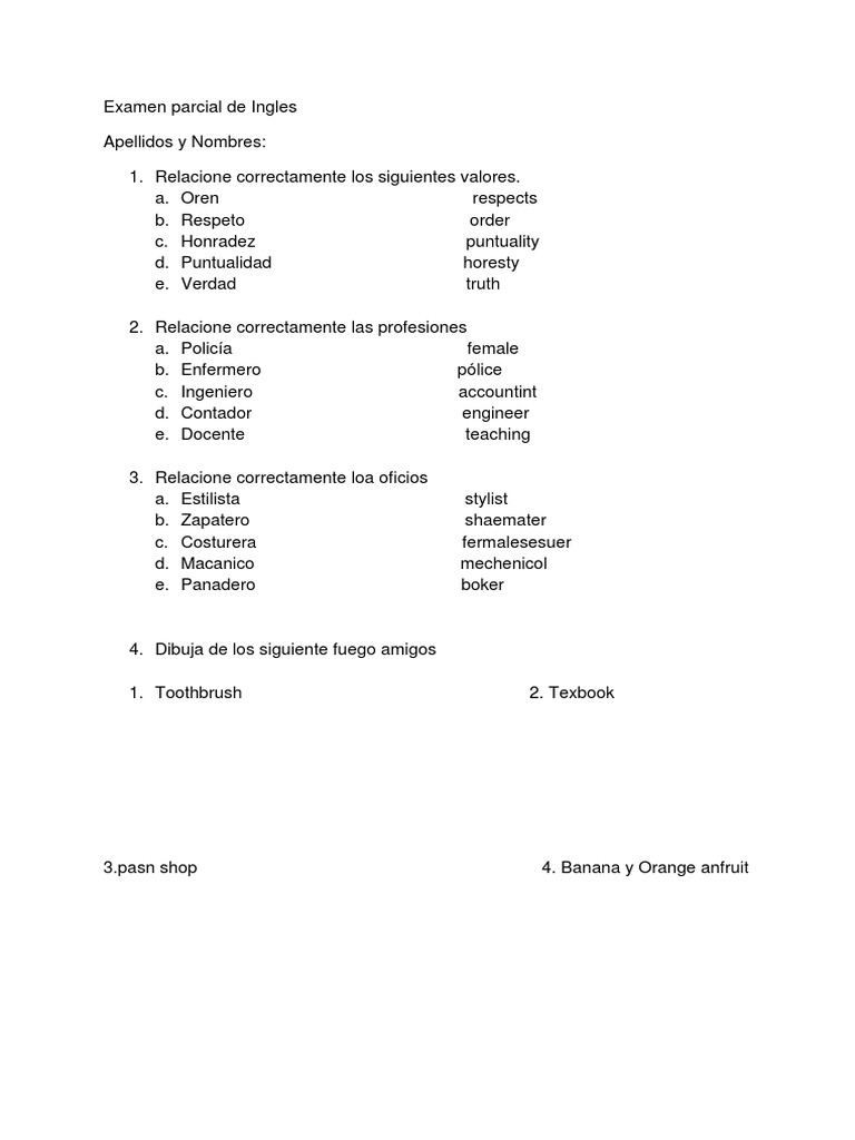 Examen Parcial de Inglés: Profesiones y Valores | PDF