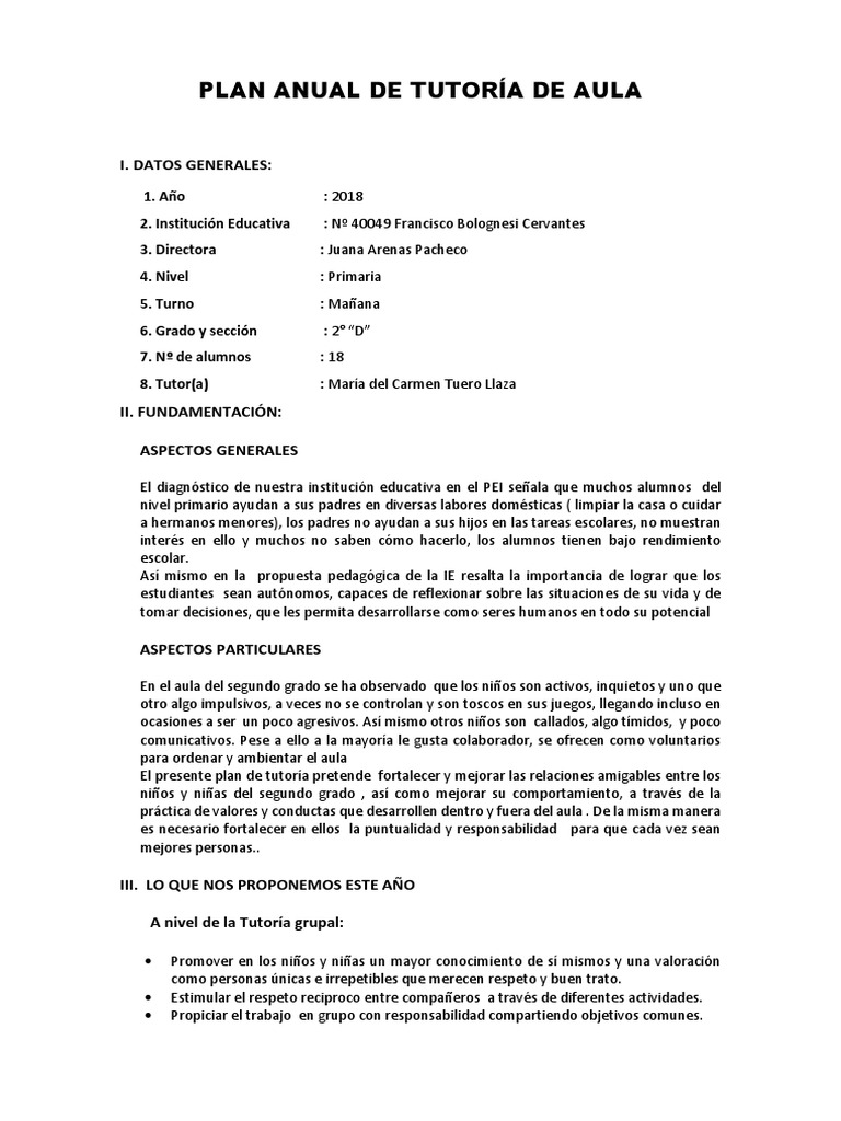 Plan Anual de Tutoría de Aula | PDF | Educación primaria | Salón de clases