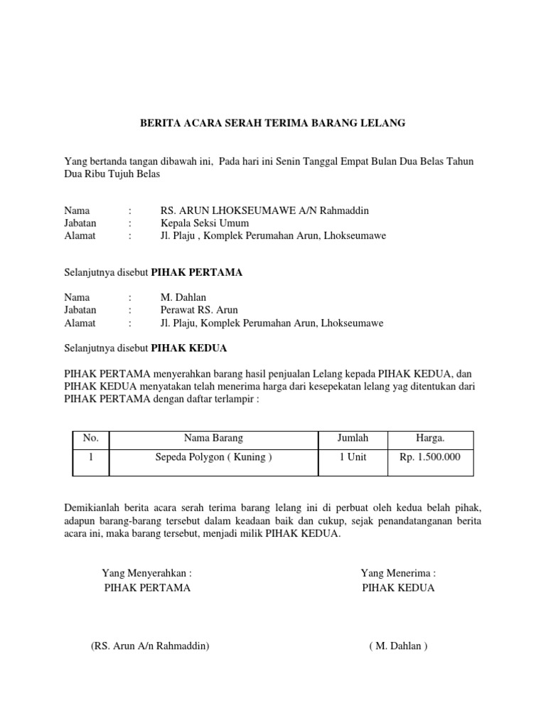 Berita Acara Serah Terima Barang Lelang