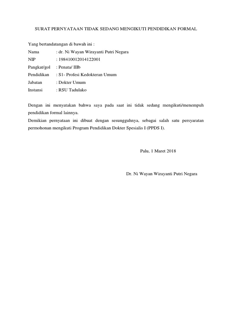 Surat Pernyataan Tidak Sedang Mengikuti Pendidikan Formal