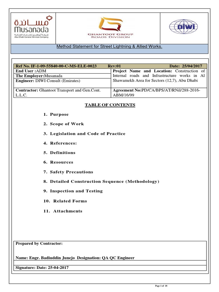 Ghantoot Method Statement for Street Lighting | PDF | Occupational ...