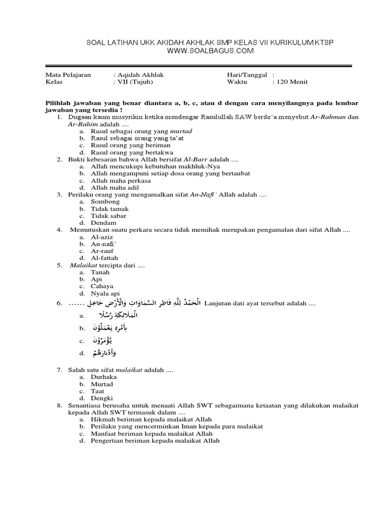 Soal Aqidah Kelas Vi Materi Asmaul Husna Semester 1