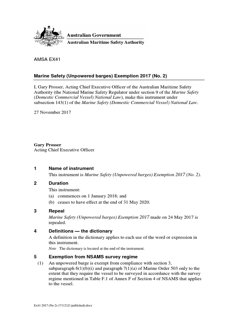 Australian Maritime Safety Authority Exemption for Unpowered Barges