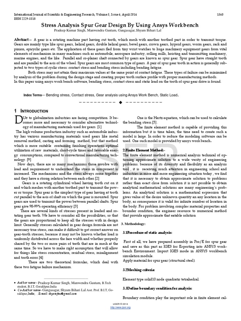 Stress Analysis Spur Gear Design by Using Ansys Workbench PDF Gear