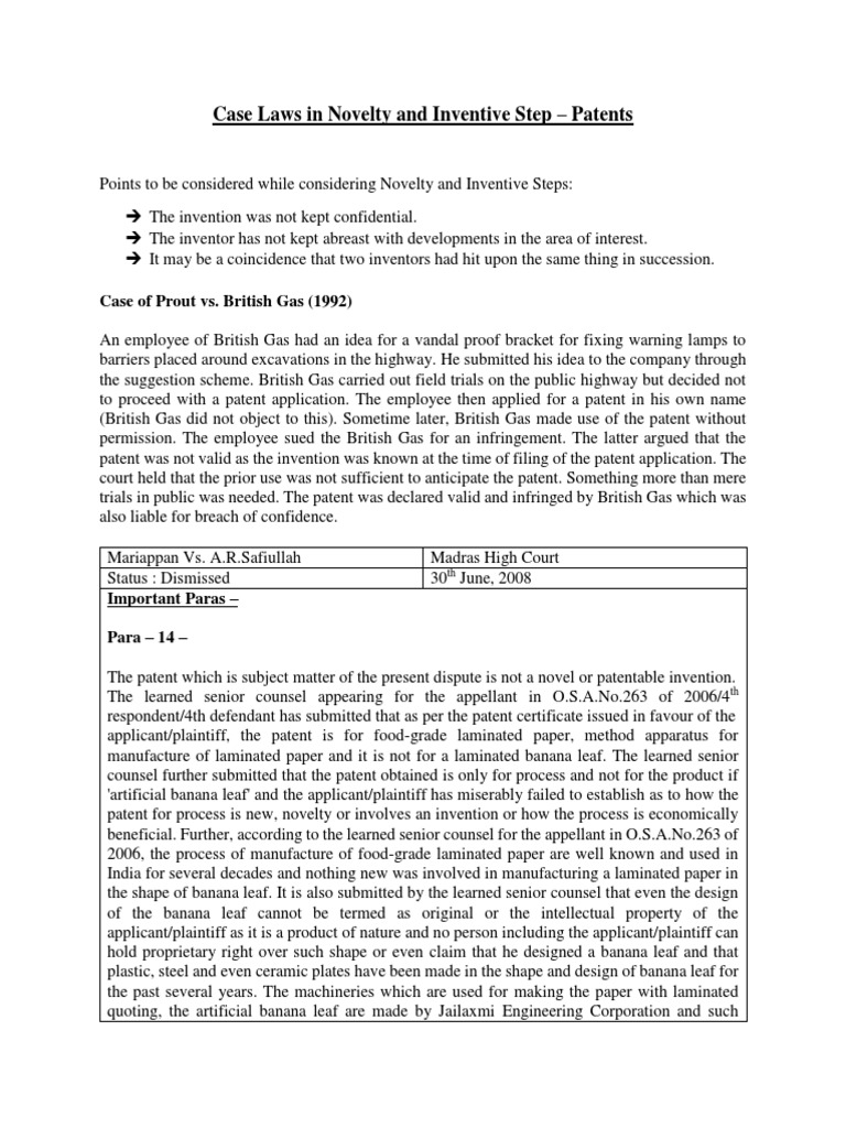 Case Laws in Novelty and Inventive Step PDF Patent Glossary Of