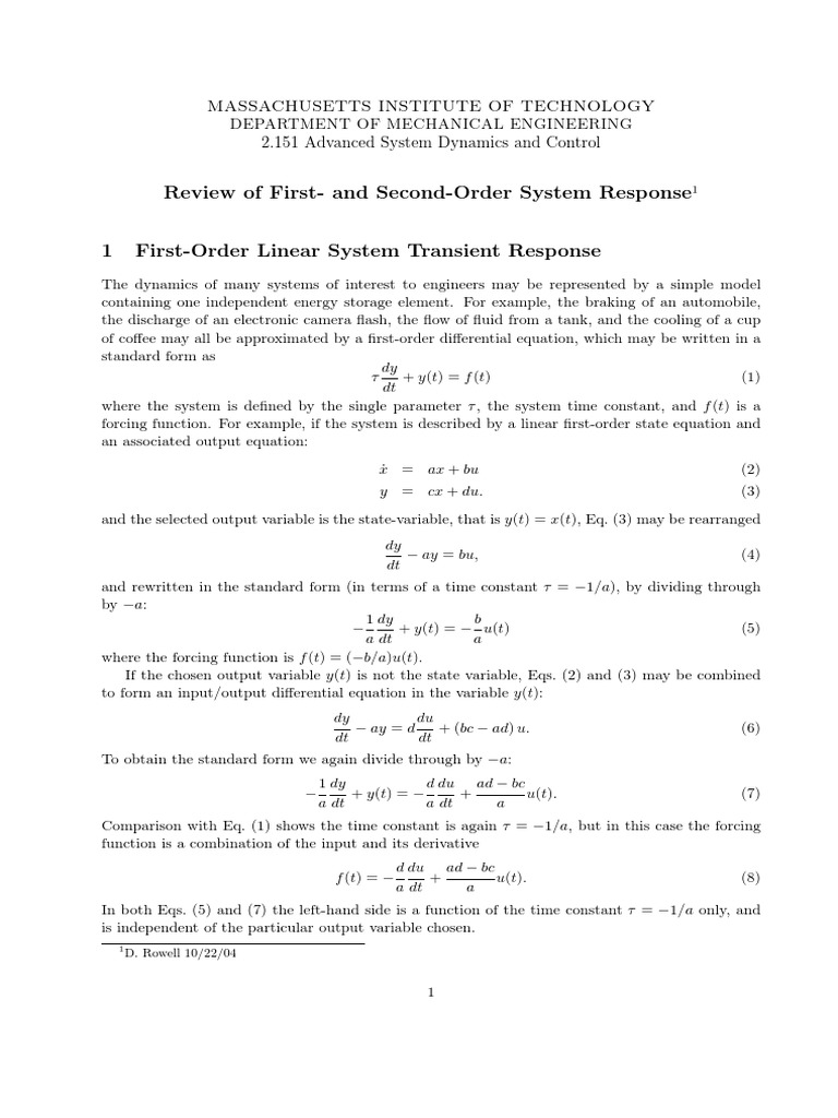 Review of First-And Second-Order System Response 1 First-Order Linear ...