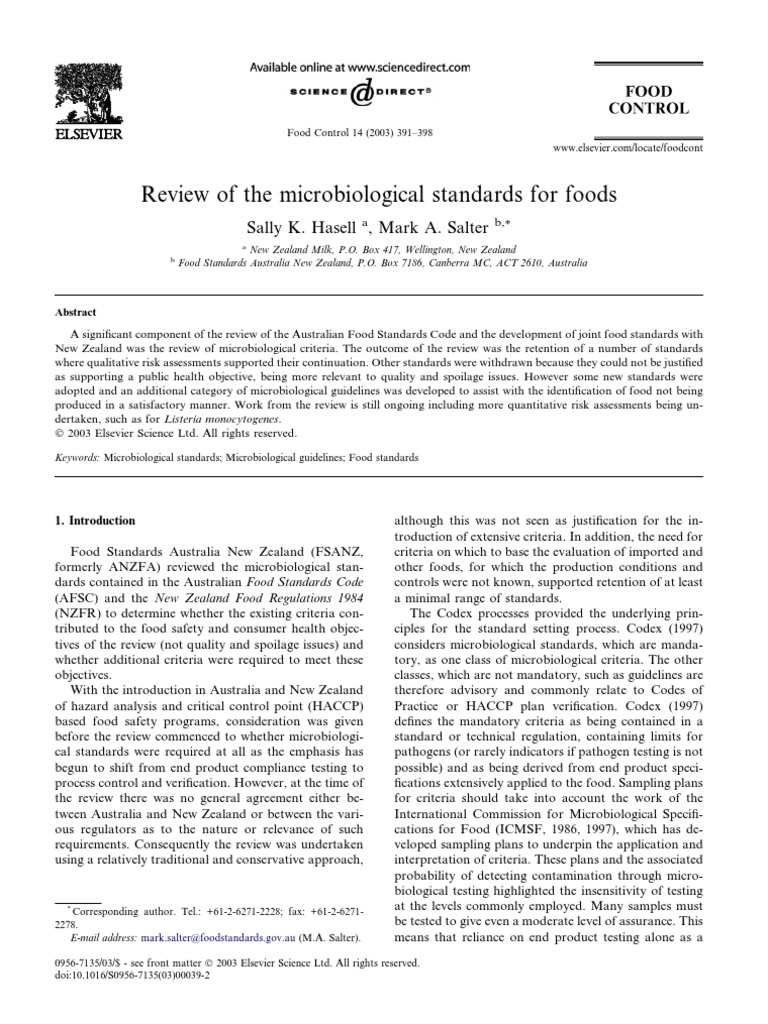 Review of The Microbiological Standards For Foods PDF Hazard