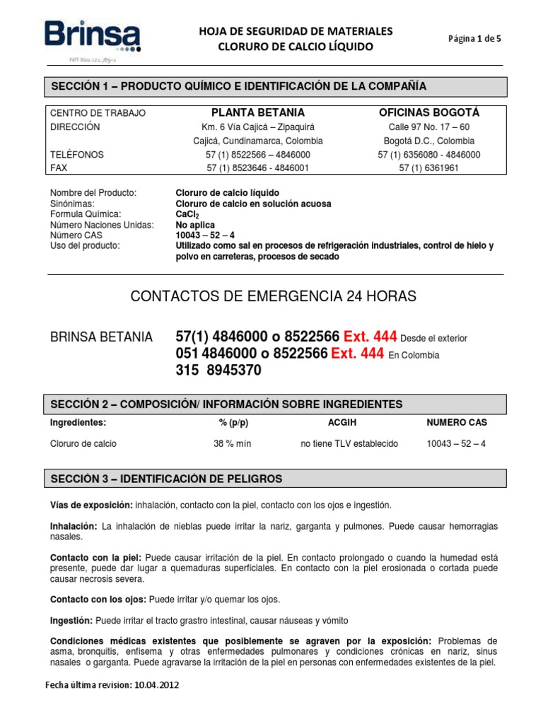 Hoja de Seguridad Cloruro de Calcio
