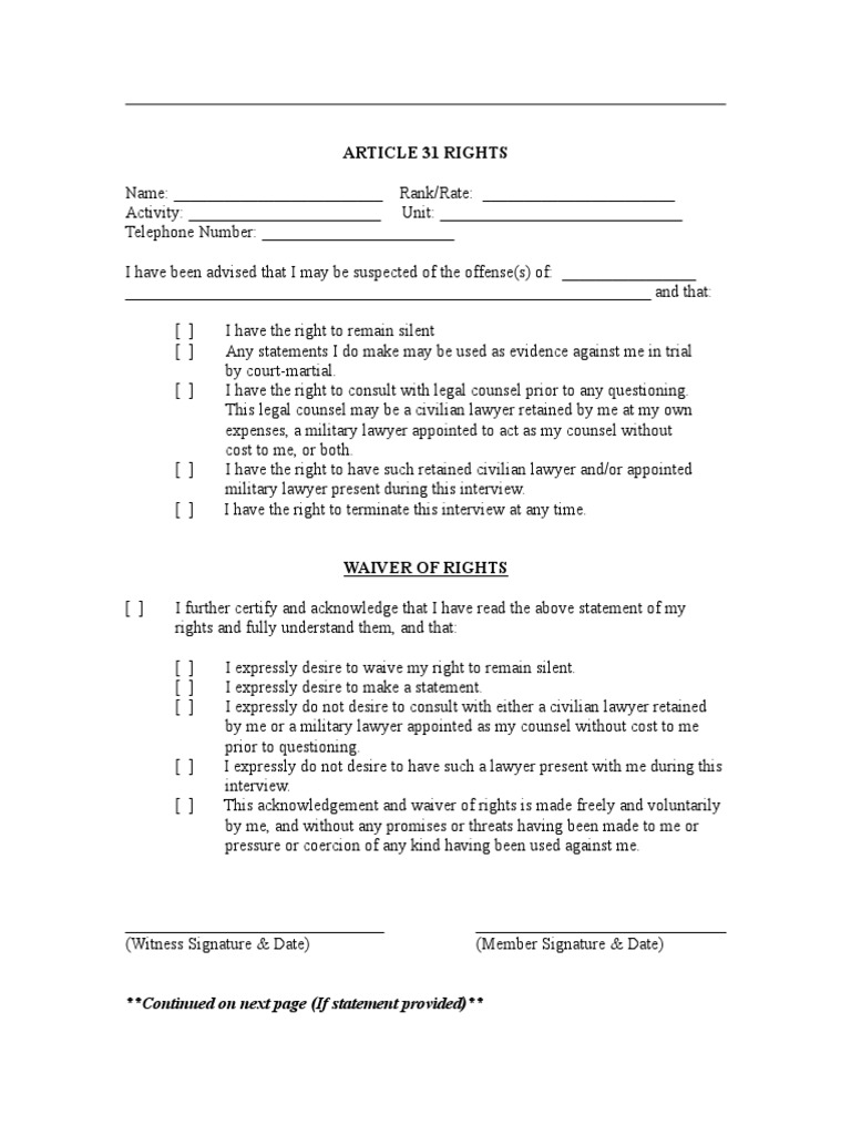 Article 31 Rights: Continued On Next Page (If Statement Provided) | PDF ...